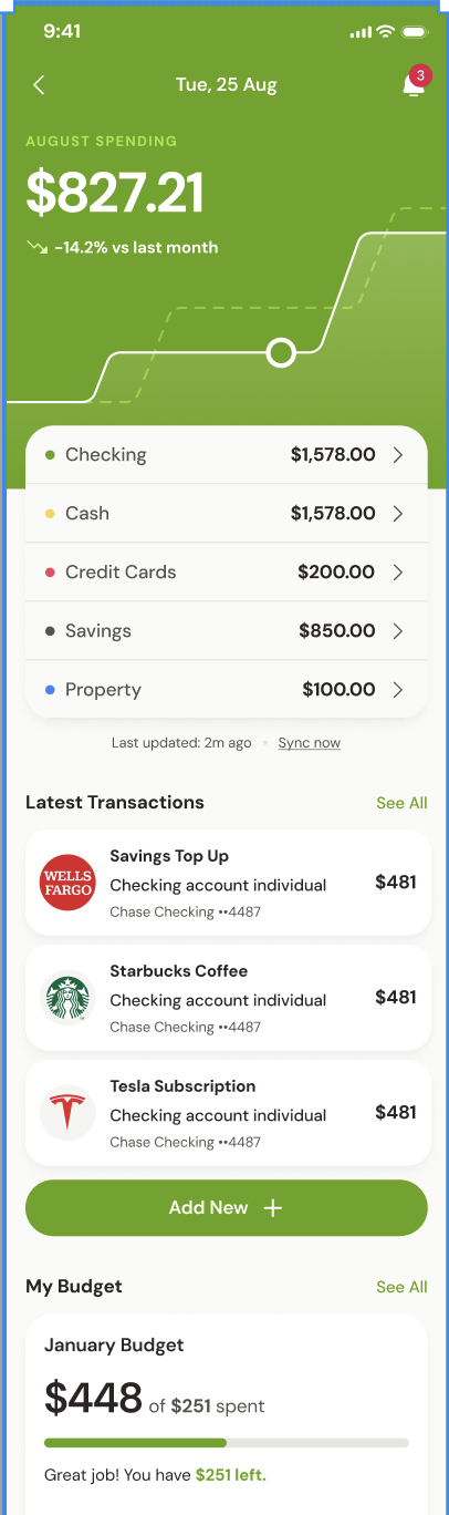 The KAMP dashboard showing this month's balance, budgets and recent transactions
