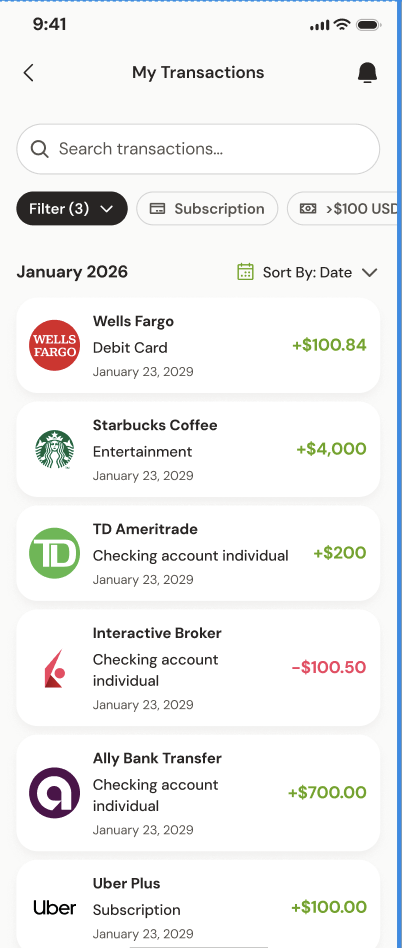 KAMP app screen: Every transaction, sorted